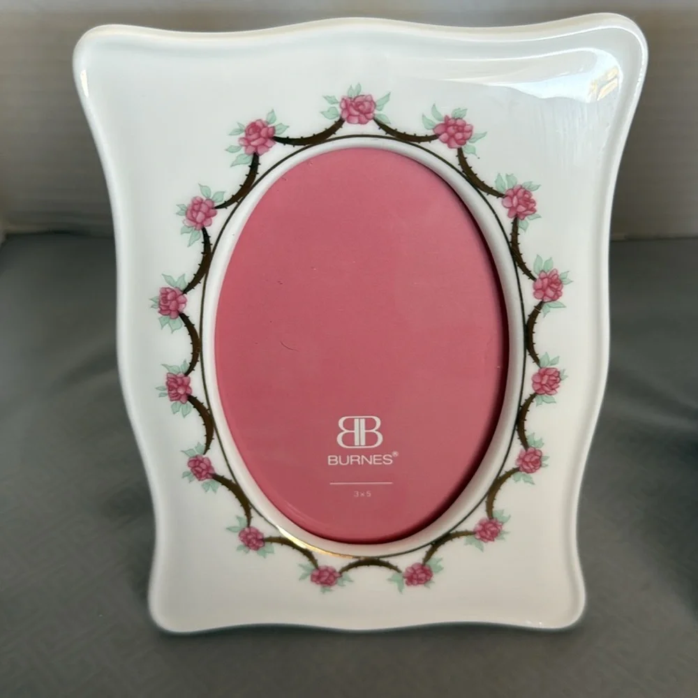 Vintage Burnes Elegant Pink and White Floral Ceramic Frames Set of Two 3”X5”